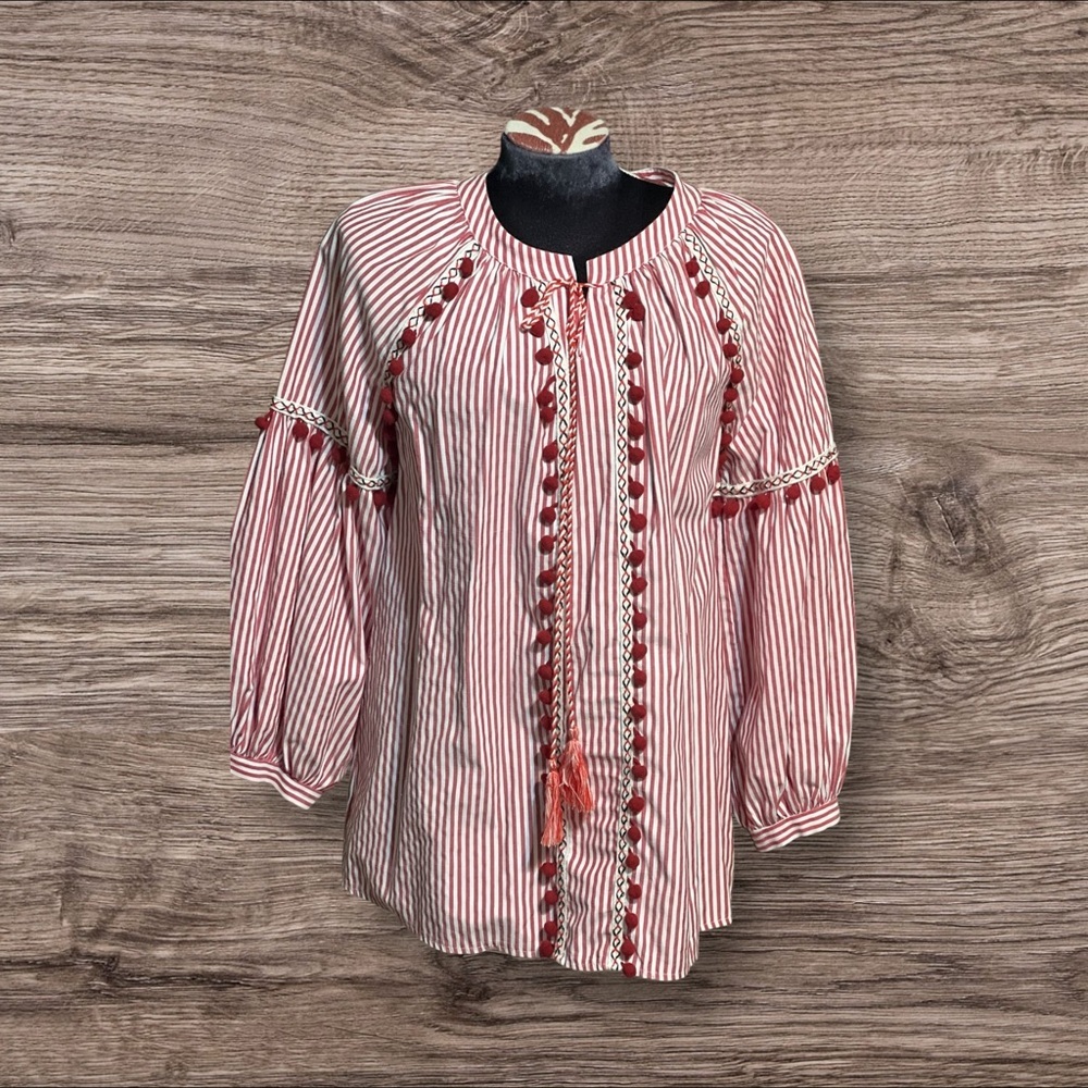 Zara Women’s Red Striped Boho Long Sleeve Peasant Top Blouse